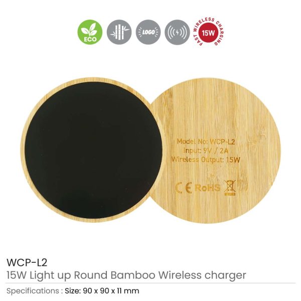 110 Bamboo Wireless Charger 15W Fast Charging & LED Logo