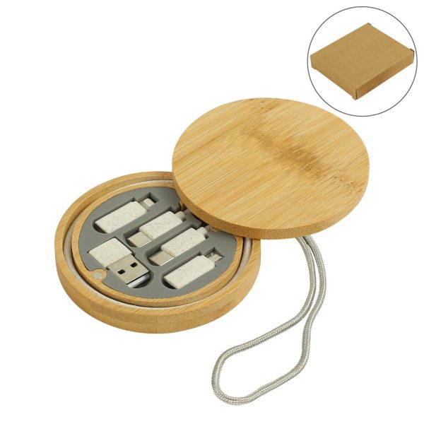 150 Multi-Charging Cable Set in Round Bamboo Case