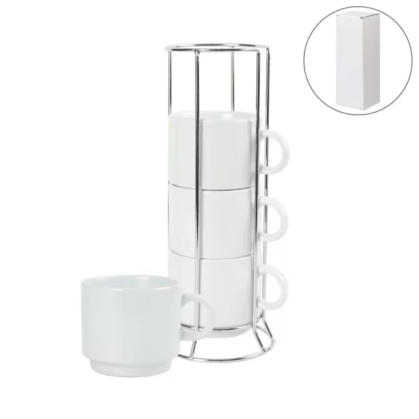 12 Set Ceramic Coffee Cups Set 4Pcs in Silver Metal Rack