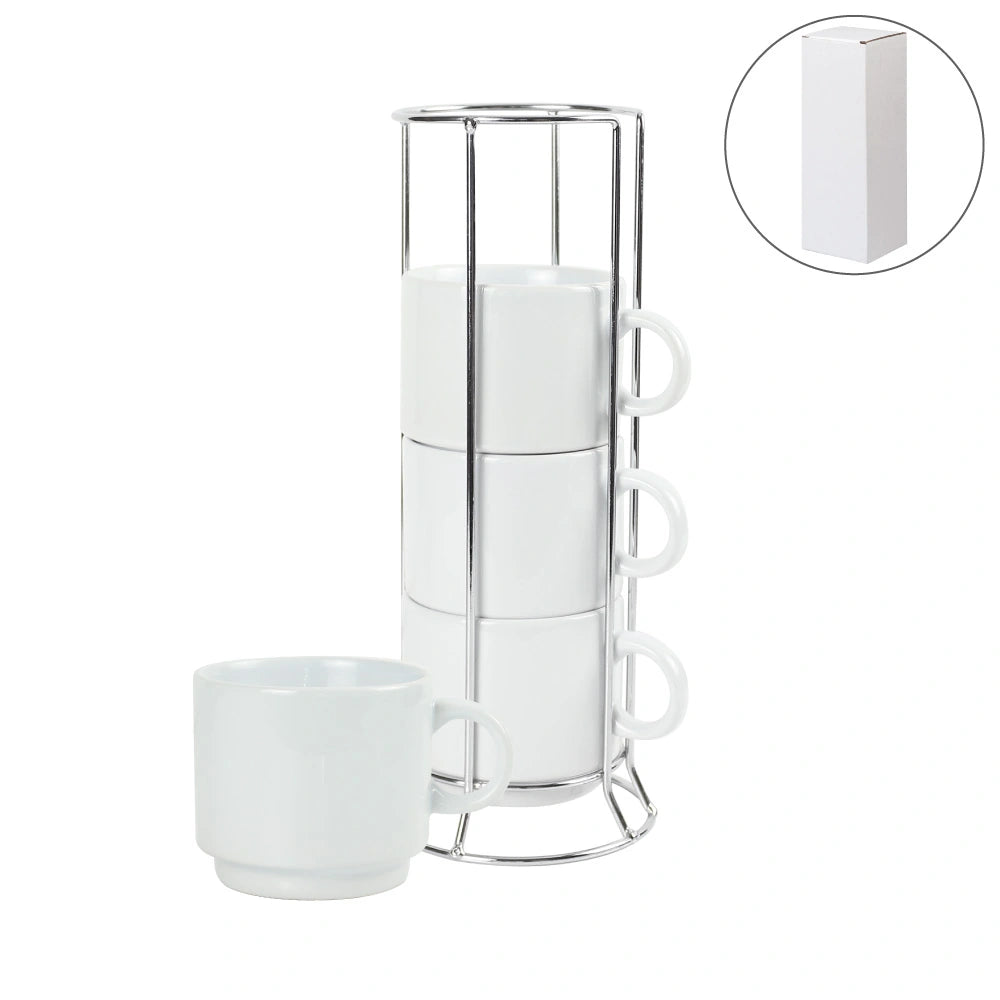 50 Set Ceramic Coffee Cups Set 4Pcs in Silver Metal Rack