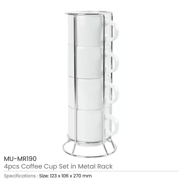 12 Set Ceramic Coffee Cups Set 4Pcs in Silver Metal Rack