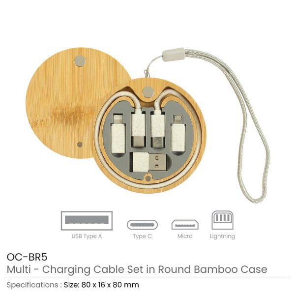 150 Multi-Charging Cable Set in Round Bamboo Case