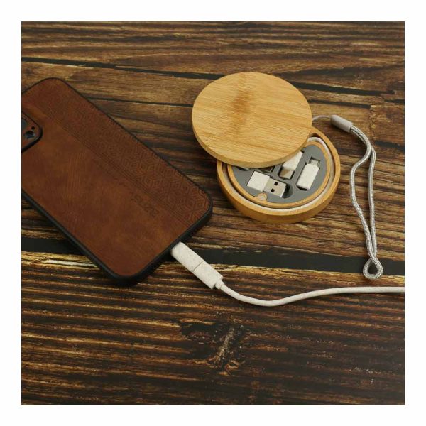 150 Multi-Charging Cable Set in Round Bamboo Case