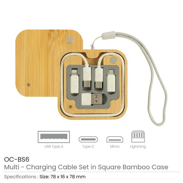 150 Multi-Charging Cable Set in Square Bamboo Case