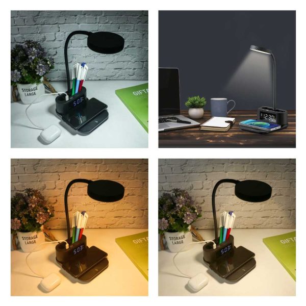 24 Desk Lamp with 15W Wireless Charger, Clock and Pen Holder