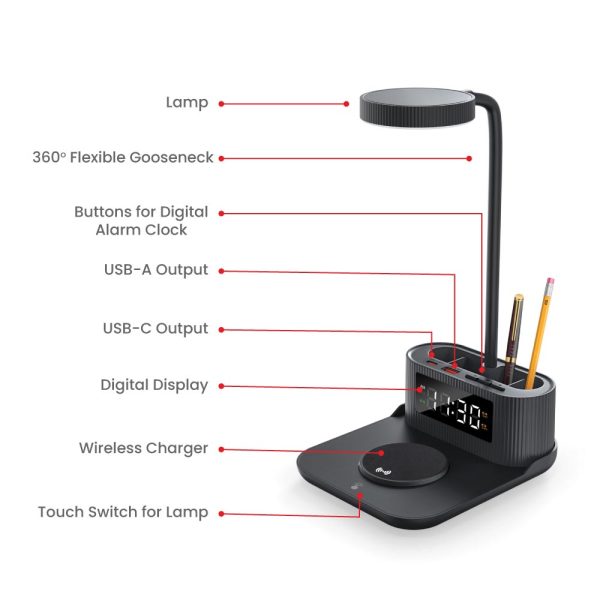 24 Desk Lamp with 15W Wireless Charger, Clock and Pen Holder