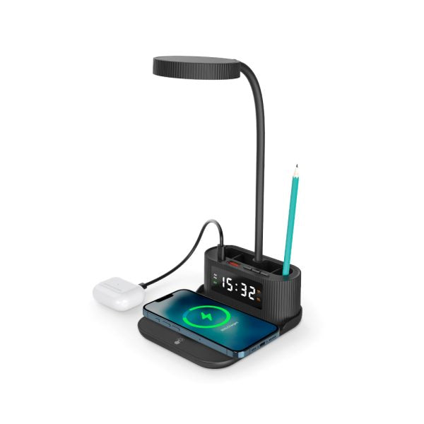 24 Desk Lamp with 15W Wireless Charger, Clock and Pen Holder