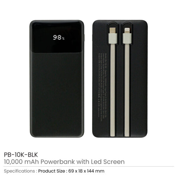 208 Powerbank with LED Screen 10,000 mAh and Built-in Cables