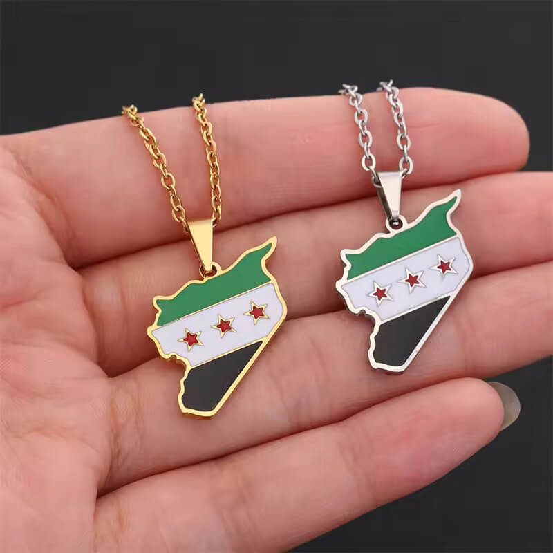 Stainless Steel Syria Map Flag Pendant Necklaces for Women Men Gold Color with Map Charm Fashion Syrians Map Chain Jewelry