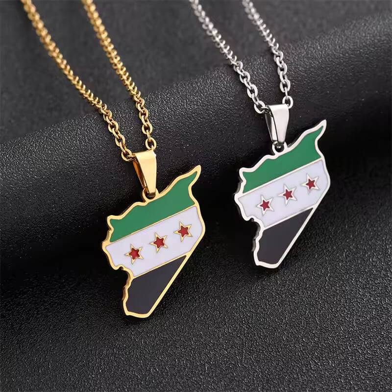 Stainless Steel Syria Map Flag Pendant Necklaces for Women Men Gold Color with Map Charm Fashion Syrians Map Chain Jewelry