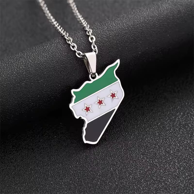 Stainless Steel Syria Map Flag Pendant Necklaces for Women Men Gold Color with Map Charm Fashion Syrians Map Chain Jewelry