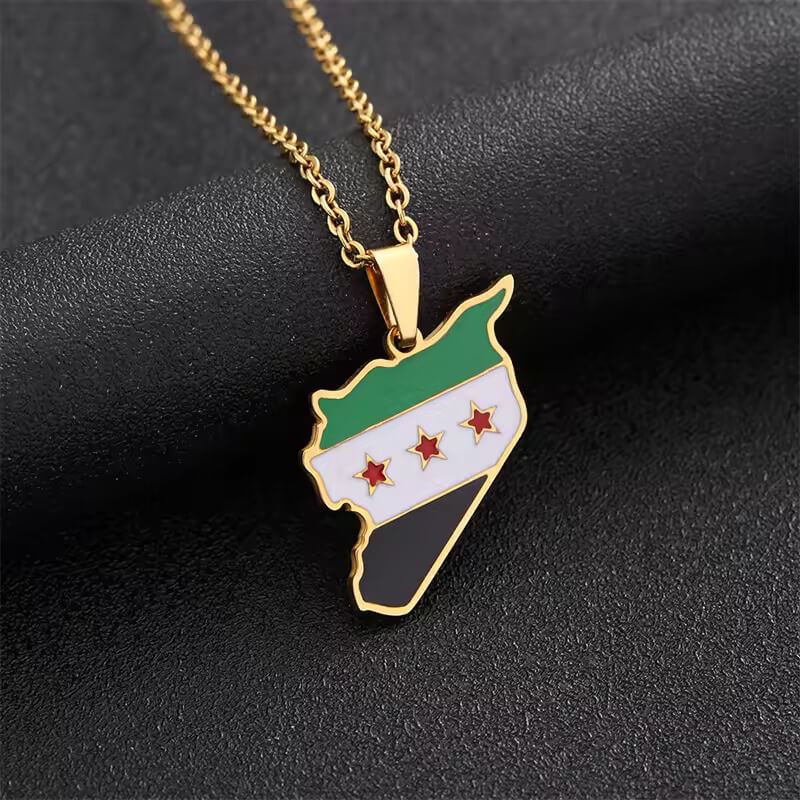 Stainless Steel Syria Map Flag Pendant Necklaces for Women Men Gold Color with Map Charm Fashion Syrians Map Chain Jewelry