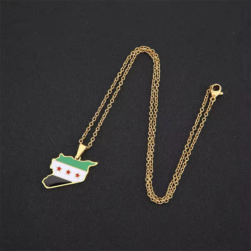 Stainless Steel Syria Map Flag Pendant Necklaces for Women Men Gold Color with Map Charm Fashion Syrians Map Chain Jewelry