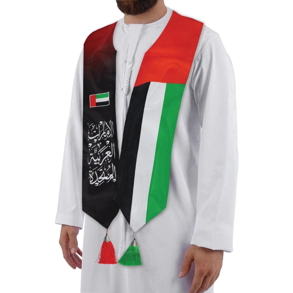 250 UAE Flag Scarf with Arabic Writing, Red & Green Tassel