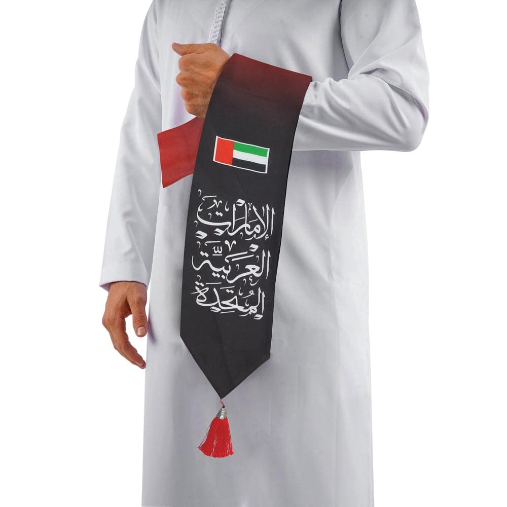 250 UAE Flag Scarf with Arabic Writing, Red & Green Tassel