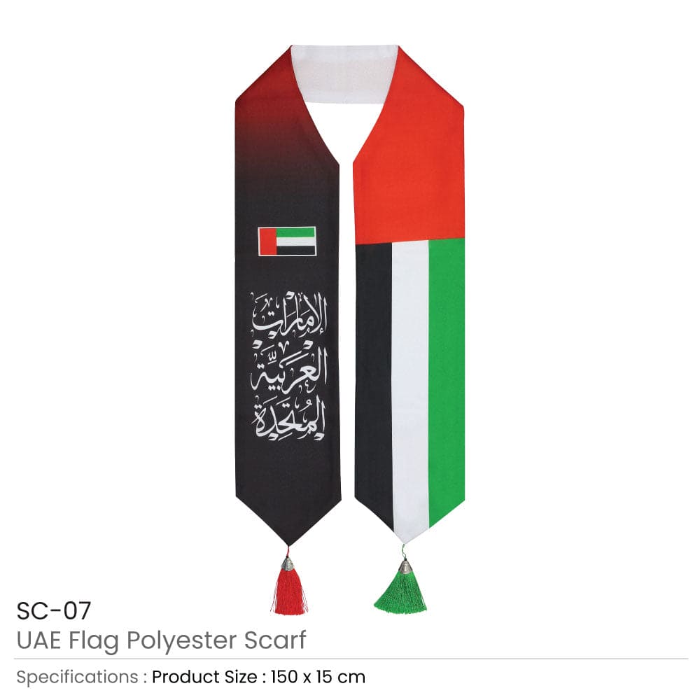 250 UAE Flag Scarf with Arabic Writing, Red & Green Tassel