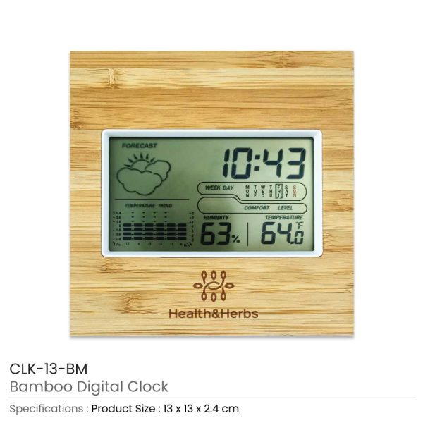 50 Multi-Function Bamboo Digital Clock with Weather Forecast, Calendar, Alarm, Temperature