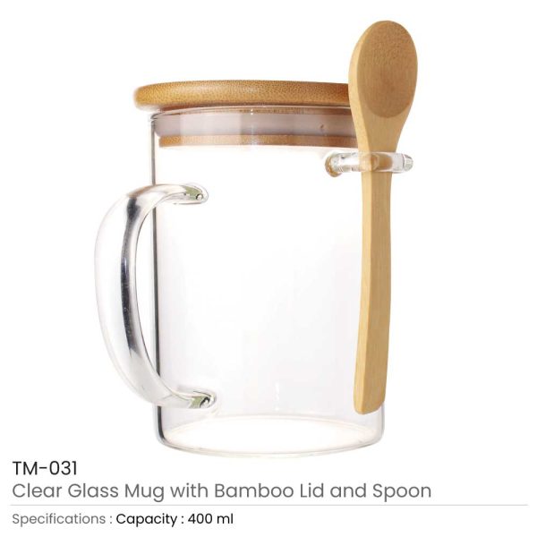 50 Clear Glass Mug with Bamboo Lid and Spoon