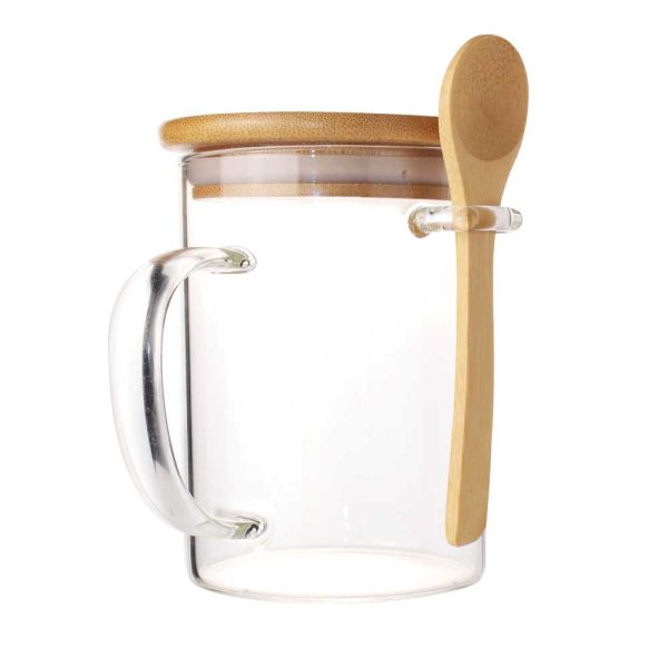 50 Clear Glass Mug with Bamboo Lid and Spoon