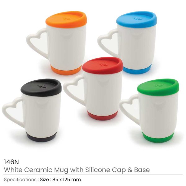 50 White Ceramic Mugs with Silicone Cap and Base